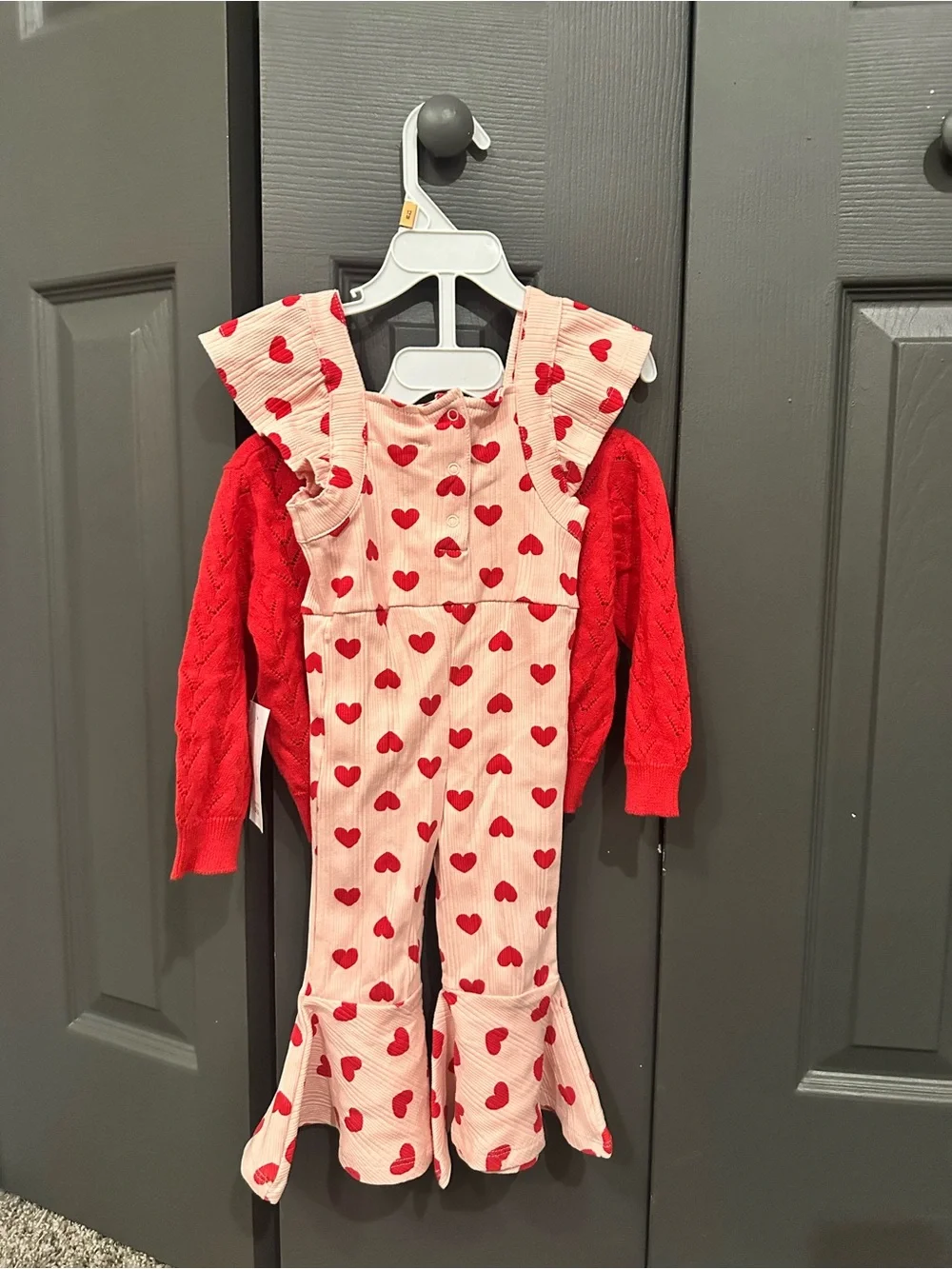 NWT baby/toddler Red Knit Cardigan with Pink Heart Ruffle Pants Set